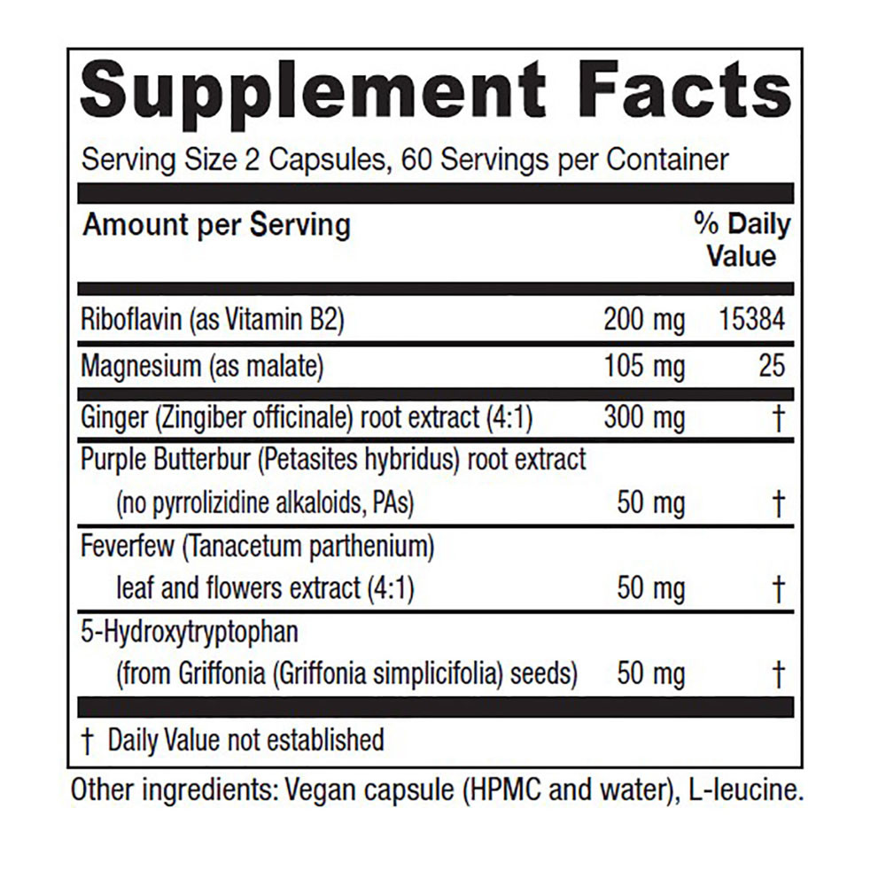 Butterbur Extra supplement facts with riboflavin, magnesium, ginger, butterbur, feverfew and 5-HTP per 2 capsules
