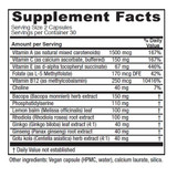 Mindblend supplement facts with vitamins A, C, E, folate and B12, choline, bacopa, phosphatidylserine and herbs