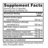 Hepafem supplement facts with burdock, dandelion, milk thistle, celandine, curcumin and beet per 2 capsules