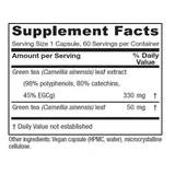 Green Tea supplement facts, 330 mg green tea leaf extract and 50 mg green tea leaf per capsule