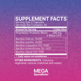 MegaSporeBiotic supplement facts, 2 capsules, 30 servings, 4 billion CFU blend