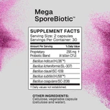 MegaSporeBiotic supplement facts, 30 servings, 4 billion CFU proprietary blend
