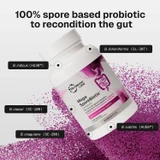 MegaSporeBiotic bottle with Bacillus strain labels, 100% spore based probiotic text