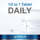 Tablet beside a glass of water, 1/2 to 1 tablet daily graphic