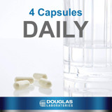 Capsules beside a glass of water, 4 capsules daily graphic