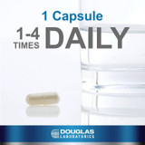 One capsule beside a glass of water, 1 capsule 1-4 times daily graphic