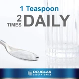 Spoonful of powder beside a glass of water, 1 teaspoon 2 times daily graphic