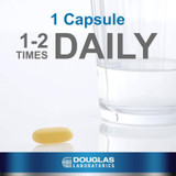Softgel beside a glass with 1 capsule 1-2 times daily text