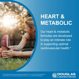 Woman stretching outdoors, Douglas Laboratories heart and metabolic graphic