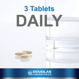 Tablets beside a glass of water, 3 tablets daily graphic