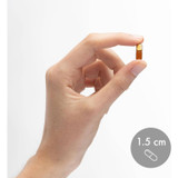 Hand holding a Liposomal Vitamin D3 softgel shown at 1.5 cm for size reference