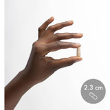 Hand holding a Complete Probiotics capsule shown at 2.3 cm for size reference