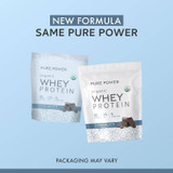 Dr. Mercola Pure Power Organic Whey Protein Chocolate, old and new pouches, new formula, packaging may vary