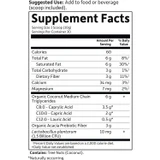 Keto Organic MCT Powder supplement facts, 6 g coconut MCTs, acacia fiber and probiotics per scoop