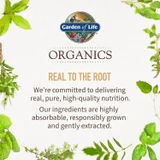 Garden of Life Organics real to the root graphic framed by herbs