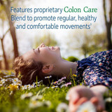 Woman lying in a meadow, features proprietary Colon Care Blend graphic