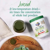 Perfect Food canister with green powder and drink, juiced and low-temperature dried graphic