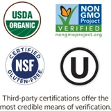 USDA Organic, Non-GMO Project Verified, NSF Certified Gluten-Free and kosher certification logos