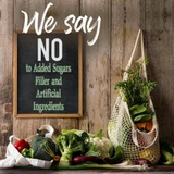 Vegetables on a rustic table, we say no to added sugars, fillers and artificial ingredients