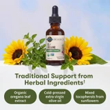Bottle with sunflowers and oregano, traditional support from herbal ingredients graphic
