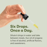 Hand holding a dropper, six drops once a day graphic