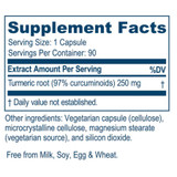Curcumin 97% supplement facts, 250 mg turmeric root (97% curcuminoids) per capsule