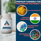 Curcumin 97% bottle with turmeric powder, sourced from India and transparent testing icons