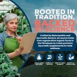 Woman in a greenhouse, rooted in tradition, backed by science graphic