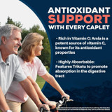 Older couple cycling, Flucomune amla vitamin C and trikatu callouts graphic