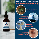 Tulsi Drops bottle, holy basil queen of adaptogens graphic with herb and lifestyle images