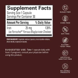 Iron supplement facts, 25 mg iron as Ferrochel ferrous bisglycinate chelate, with free-from icons