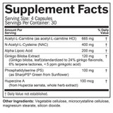 Brain & Memory Power Boost supplement facts, 4 capsule serving