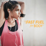 Woman with earbuds after a workout, fast fuel for body graphic