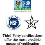 Non-GMO Project Verified, NSF Certified Gluten-Free and kosher logos, third-party certifications