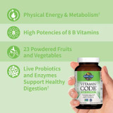 Hand holding the bottle, physical energy, 8 B vitamins, 23 fruits and vegetables and live probiotics points
