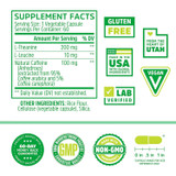 Energy + Focus supplement facts with L-theanine, L-leucine and natural caffeine, with quality badges