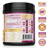 Back of Collagen Peptides tub with supplement facts, amino acid profile and quality badges