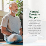 Man meditating on a mat beside a natural prostate support text panel