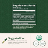 Organic Liquid Turmeric supplement facts and suggested use with USDA Organic, non-GMO and gluten-free icons