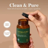 Hands opening Latero-Flora bottle, clean and pure with non-GMO and gluten-free icons