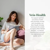 Woman reading on a sofa beside Vein Health product description