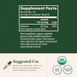 Liquid Selenium supplement facts with suggested use and organic icons