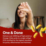 Woman holding a softgel, one & done high potency omega-3 graphic