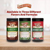 Three Barlean's Greens canisters, available in three flavors and formulas