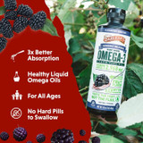 Omega-3 Blackberry Smoothie bottle among blackberry bushes, liquid omega oils for all ages graphic