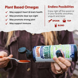 Hands pouring Omega-3 smoothie onto a spoon, plant based omegas endless possibilities graphic