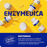 Enzymedica bottles on yellow, digestive happiness mission graphic