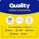 Quality without compromise graphic, made in USA, vegan, free of dairy, GMO, gluten and soy
