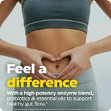 Woman making a heart shape over her stomach, feel a difference graphic