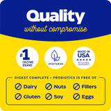 Quality without compromise graphic, vegetarian, made in USA, free of dairy, nuts, fillers, gluten, soy and eggs